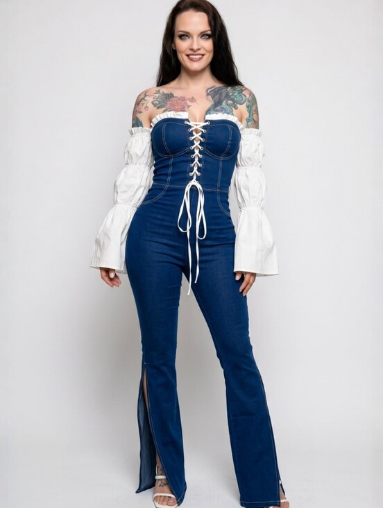 Fashion Nova Pants - Fashion Nova ✦ Blue White Lace‑Up Denim Jumpsuit ✦ Off‑Shoulder High‑Slit L NWT